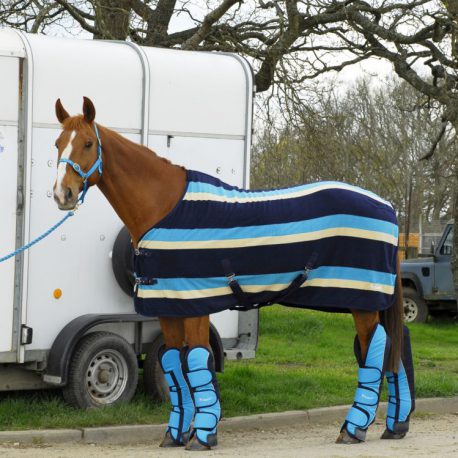 Turquoise Stripe Fleece Rug, with Turquoise and Navy Travel Boots