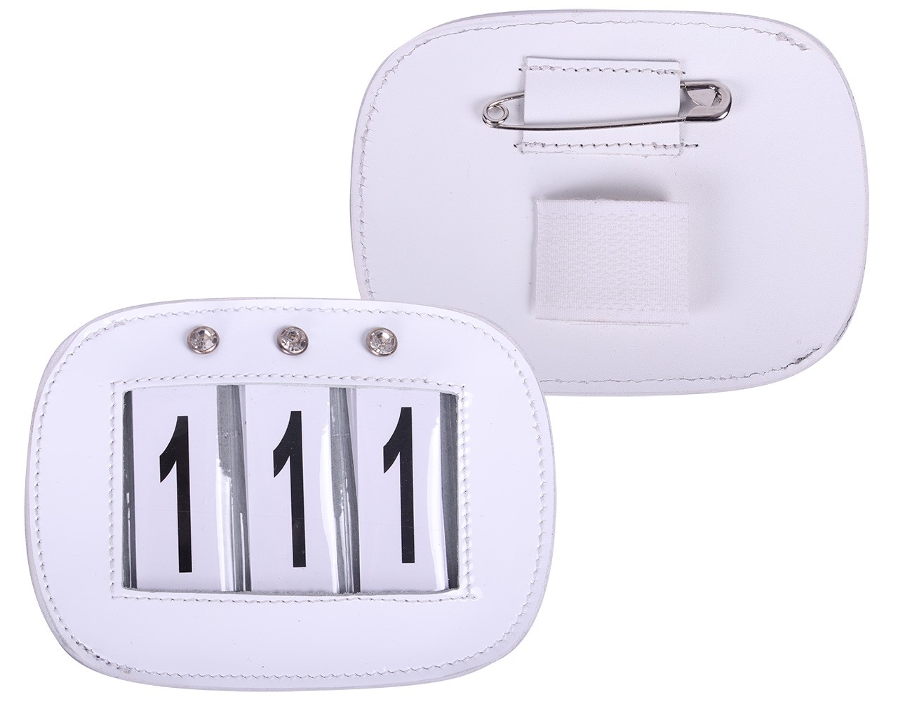 White Equipride Bling Leather Bridle Number Holders Crystals for Dressage Showing Comps SET OF 2 